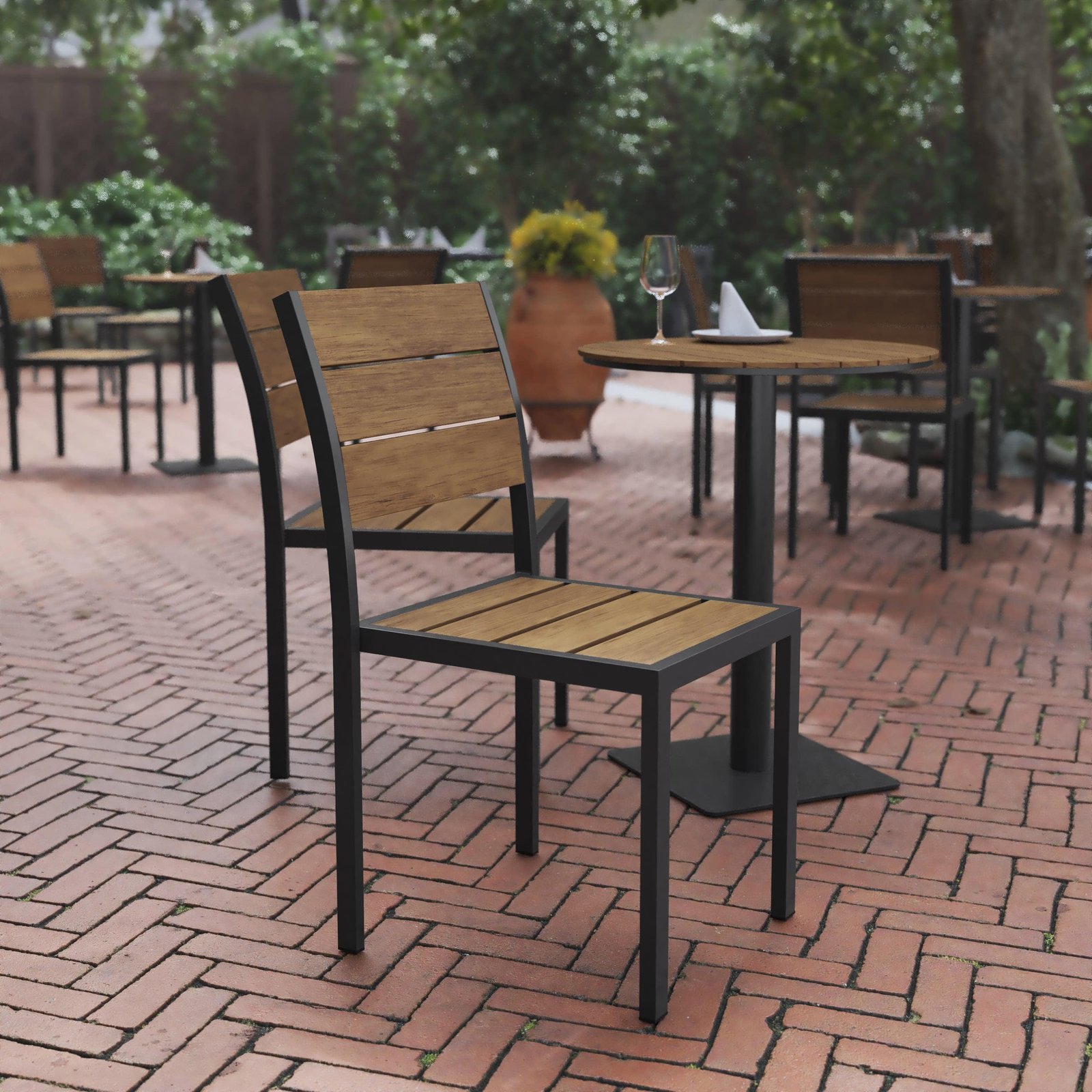 Commercial Grade Armless Patio Chair, Stackable Side Chair with Faux Teak Poly Slats and Metal Frame - Image 14