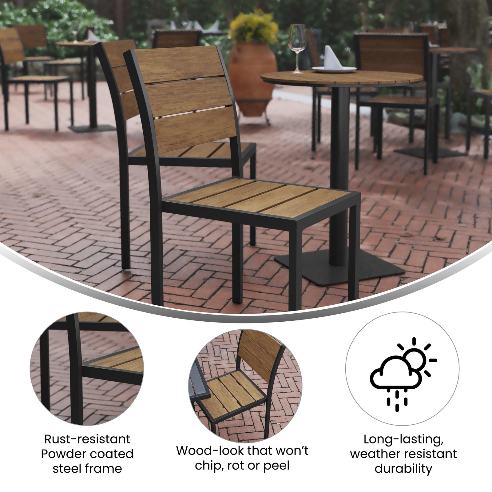 Commercial Grade Armless Patio Chair, Stackable Side Chair with Faux Teak Poly Slats and Metal Frame - Image 16