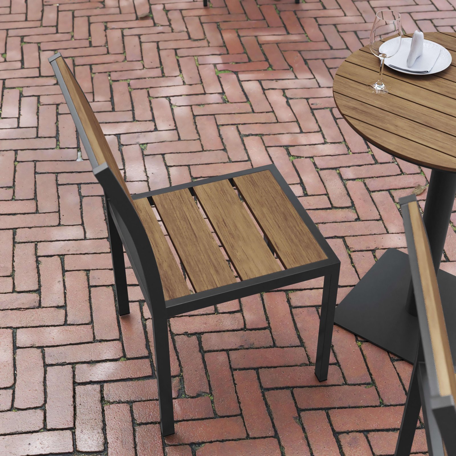 Commercial Grade Armless Patio Chair, Stackable Side Chair with Faux Teak Poly Slats and Metal Frame - Image 18