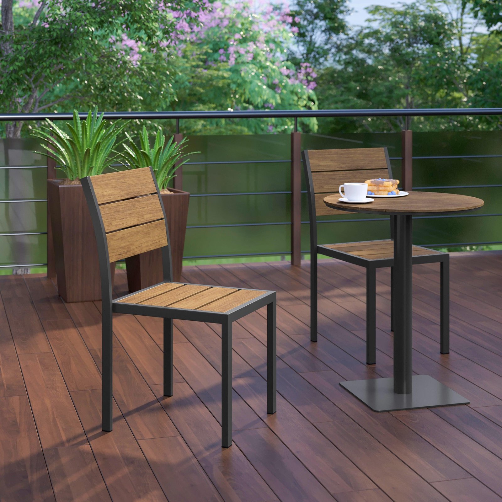 Commercial Grade Armless Patio Chair, Stackable Side Chair with Faux Teak Poly Slats and Metal Frame - Image 19