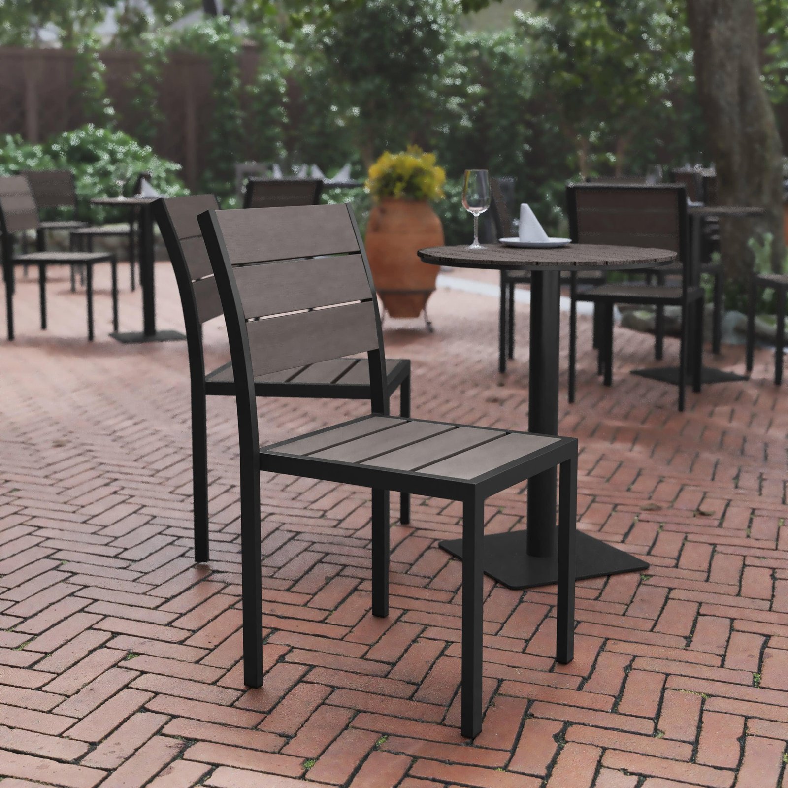 Commercial Grade Armless Patio Chair, Stackable Side Chair with Faux Teak Poly Slats and Metal Frame - Image 2