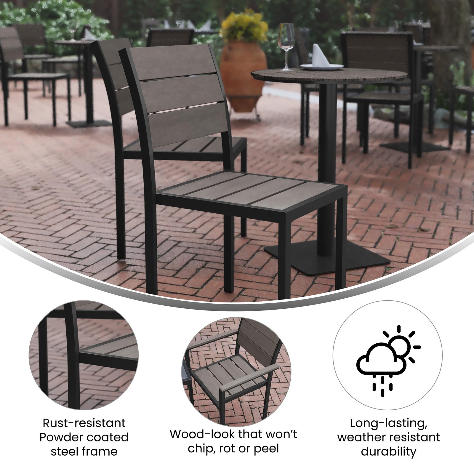 Commercial Grade Armless Patio Chair, Stackable Side Chair with Faux Teak Poly Slats and Metal Frame - Image 4