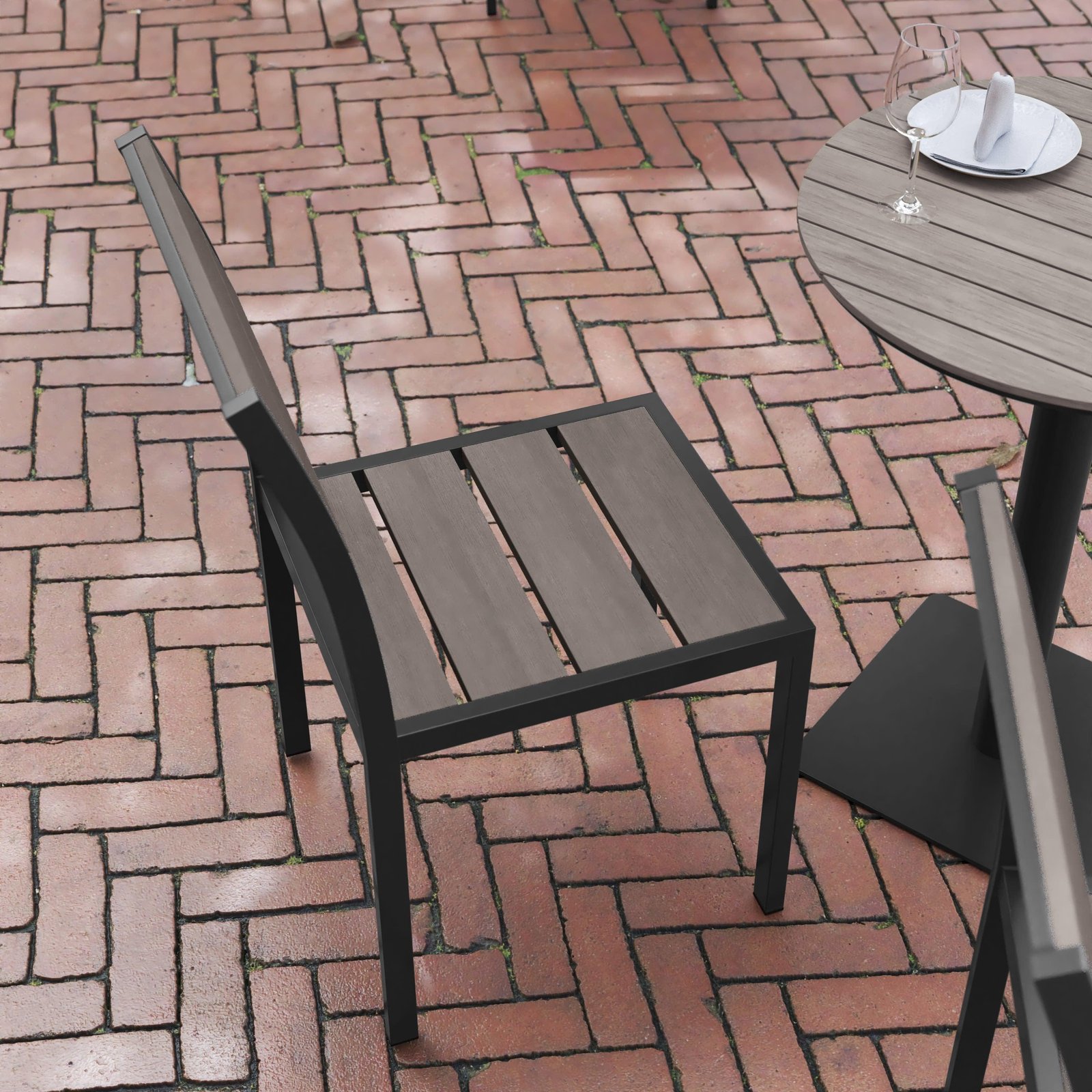 Commercial Grade Armless Patio Chair, Stackable Side Chair with Faux Teak Poly Slats and Metal Frame - Image 6