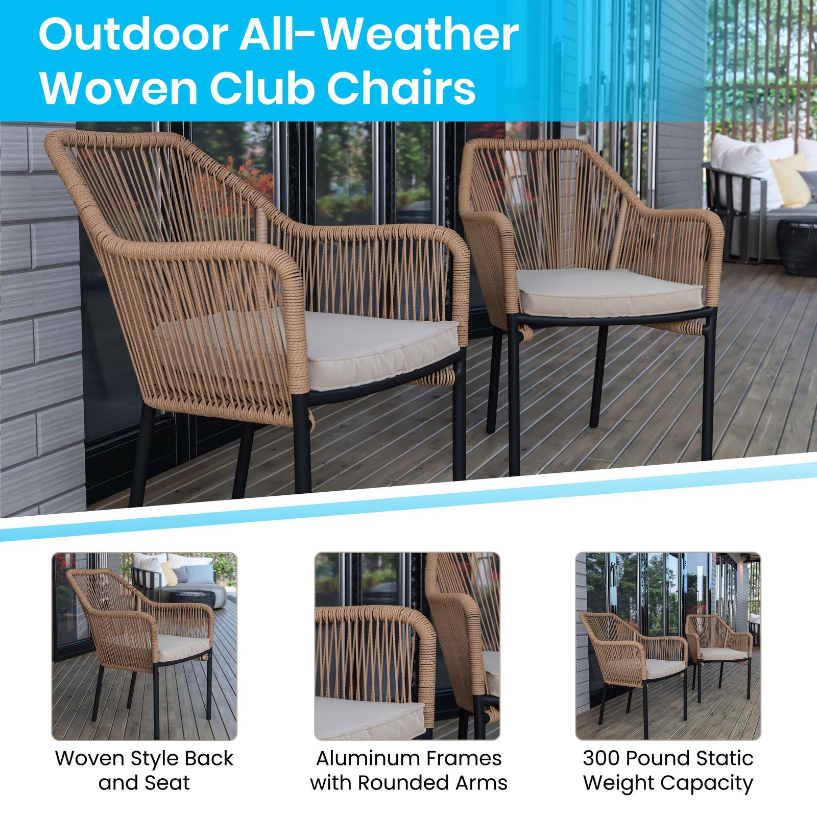 Aluminum Framed Stackable All-Weather Woven Club Chair with Rounded Arms & Zippered Seat Cushions - Image 17