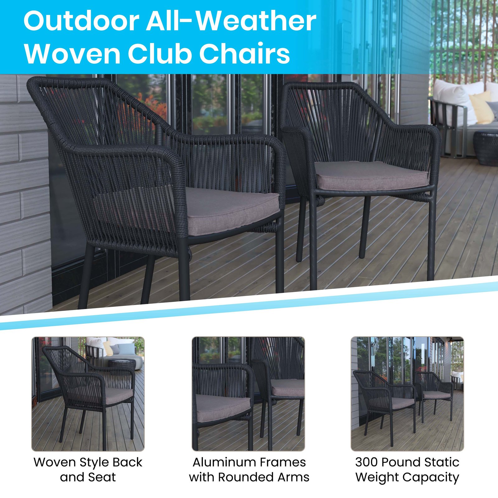 Aluminum Framed Stackable All-Weather Woven Club Chair with Rounded Arms & Zippered Seat Cushions - Image 4