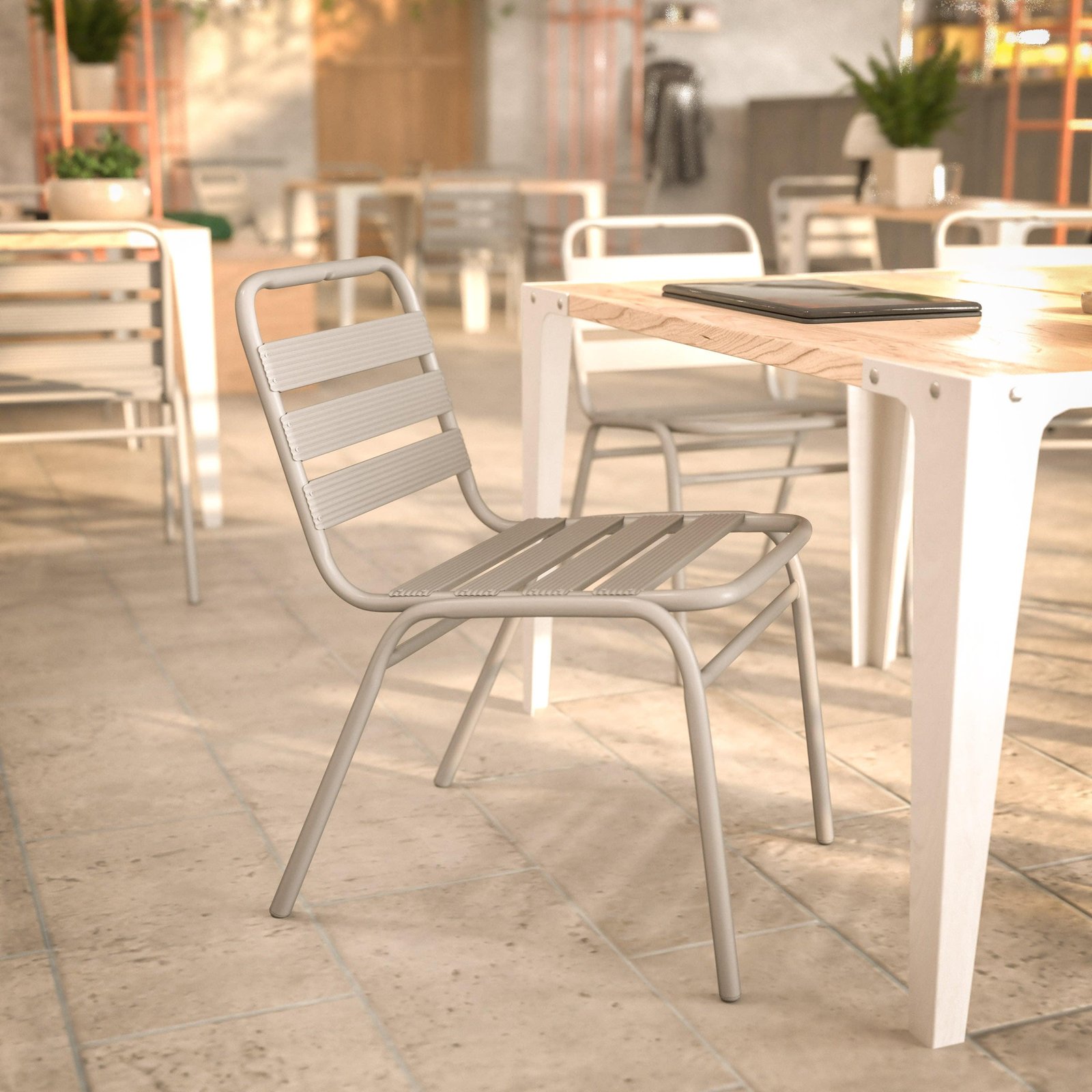 Aluminum Commercial Indoor-Outdoor Armless Restaurant Stack Chair with Triple Slat Back - Image 17
