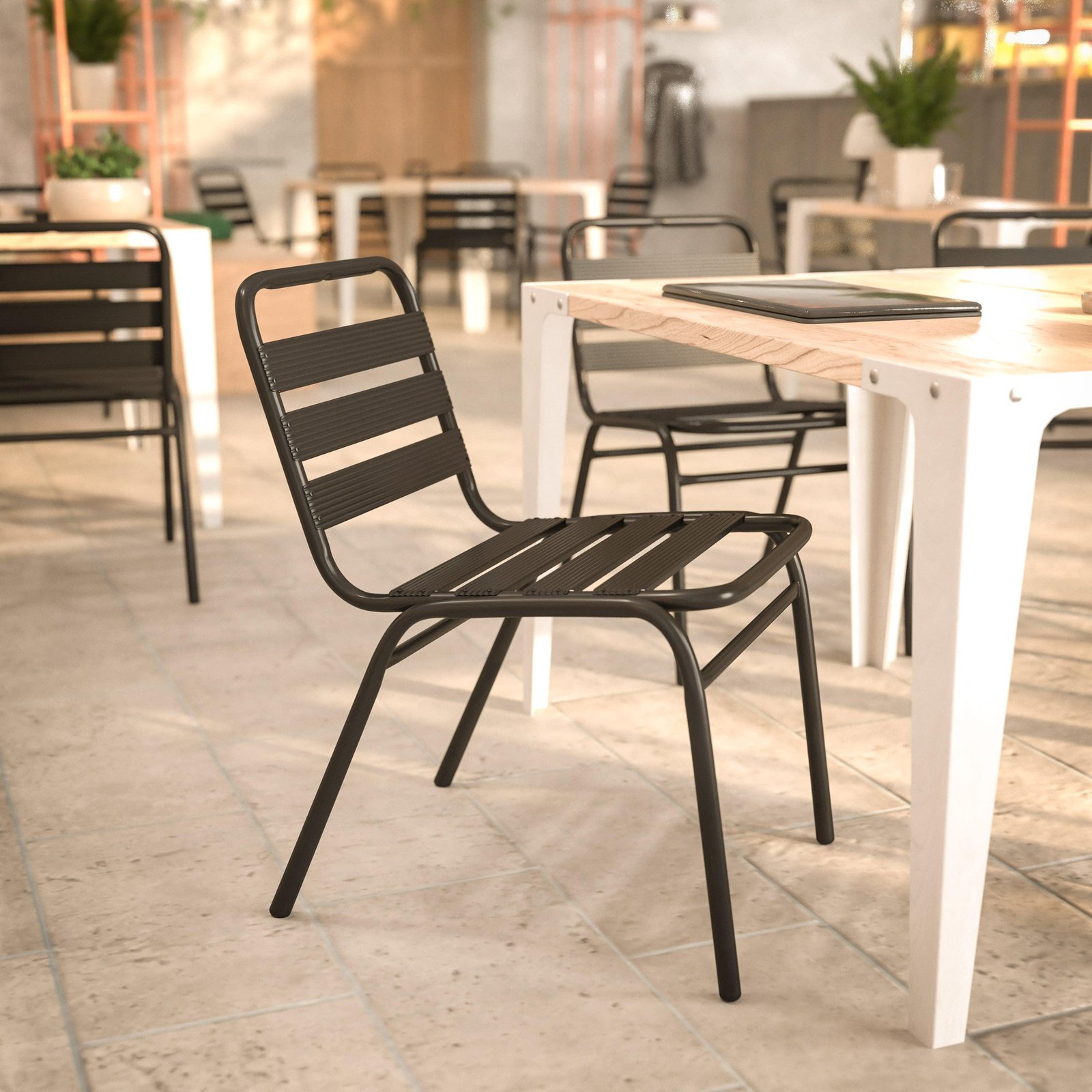 Aluminum Commercial Indoor-Outdoor Armless Restaurant Stack Chair with Triple Slat Back - Image 41
