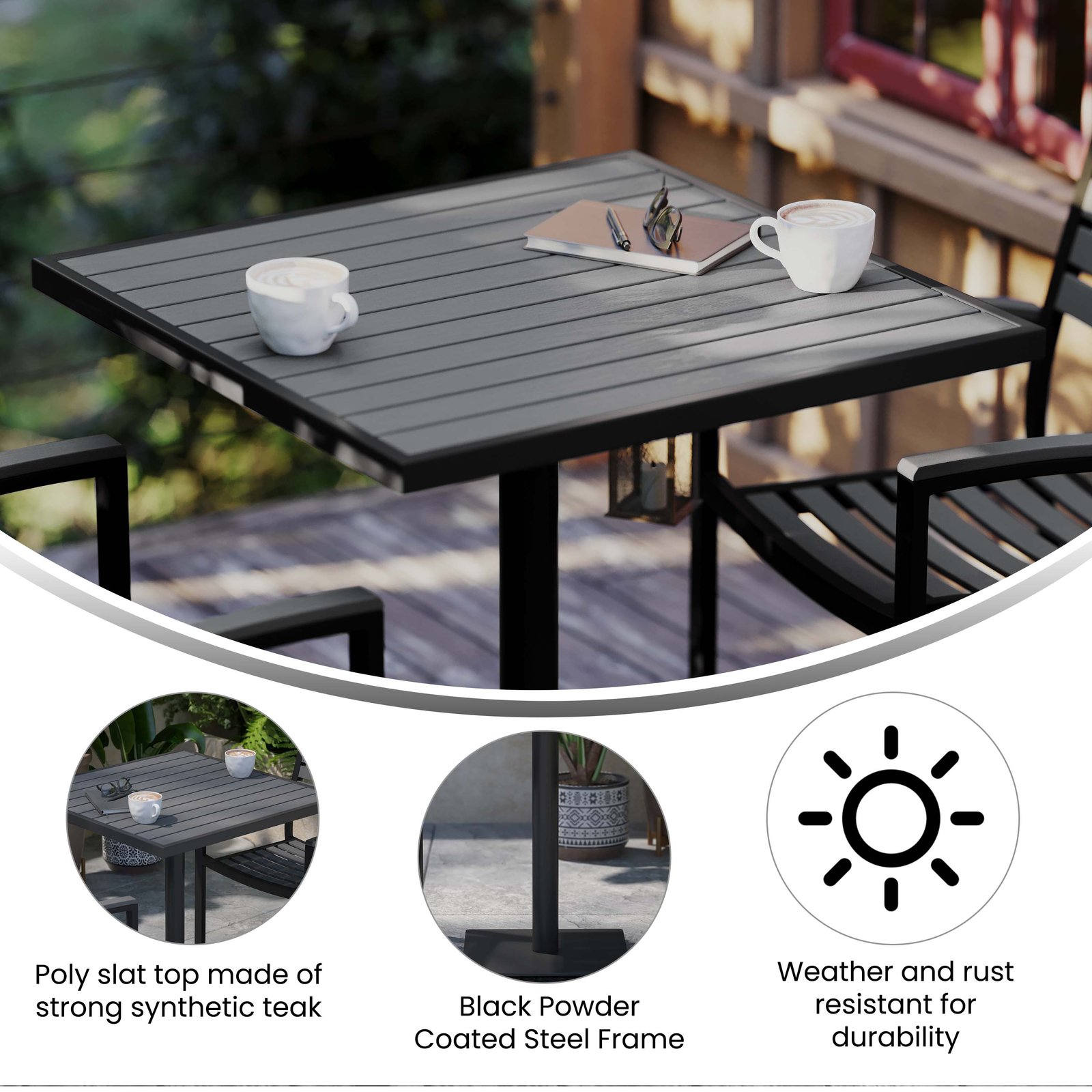 Outdoor Patio Bistro Dining Table with Faux Teak Poly Slats - Image 14
