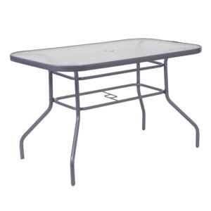 Commercial Grade Patio Table with Tempered Glass Top with Umbrella Hole and Steel Tube Frame